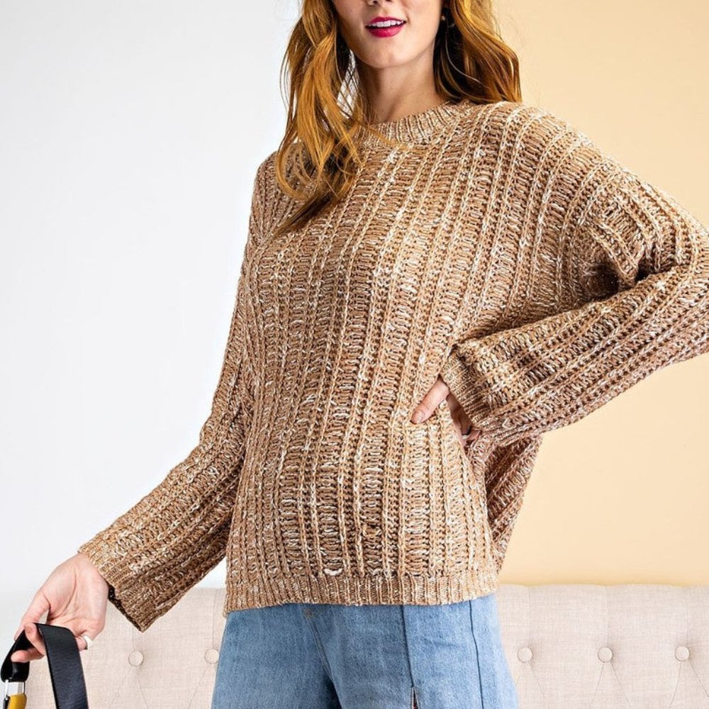 Women's Caramel Ribbed Neckline Drop Shoulder Textured Knitted Sweater NWT
